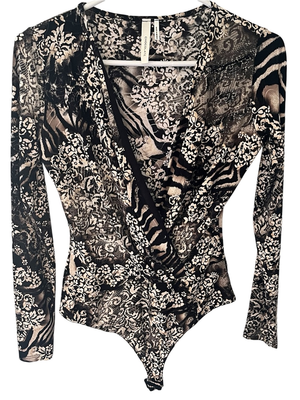 chic Black and Cream Animal-Print Wrap Bodysuit women's size S/M.L338